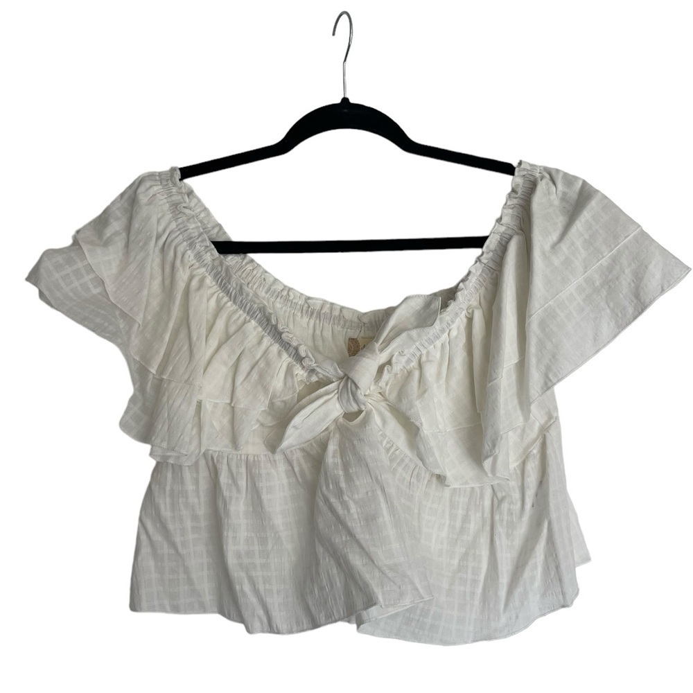 NWT Altar’d State White Gingham Flowy Cropped Off the Shoulder Bow Tie Shirt